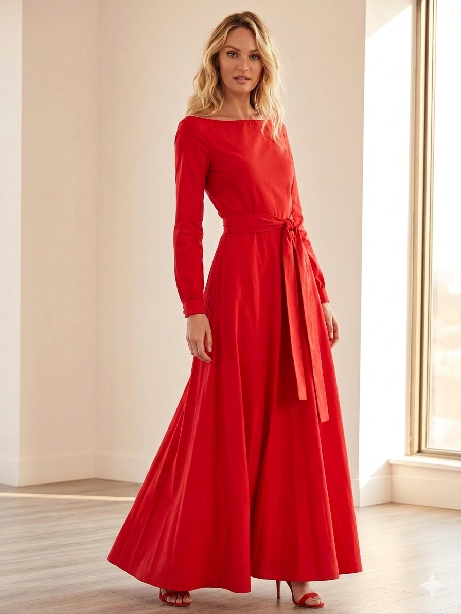 Rebecca Tatti Red Maxi Dress Long Sleeve Cotton Viscose Belted Gown Evening Xs